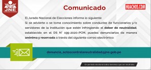 Comunicado del JNE para hacer llegar denuncias de manera anónima y discreta Comunicado del JNE para hacer llegar denuncias de manera anónima y discreta