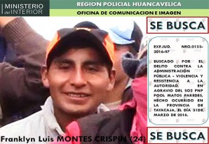 PNP Huancavelica busca intensamente a Franklyn Luis Montes Crispin (24) PNP Huancavelica busca intensamente a Franklyn Luis Montes Crispin (24)